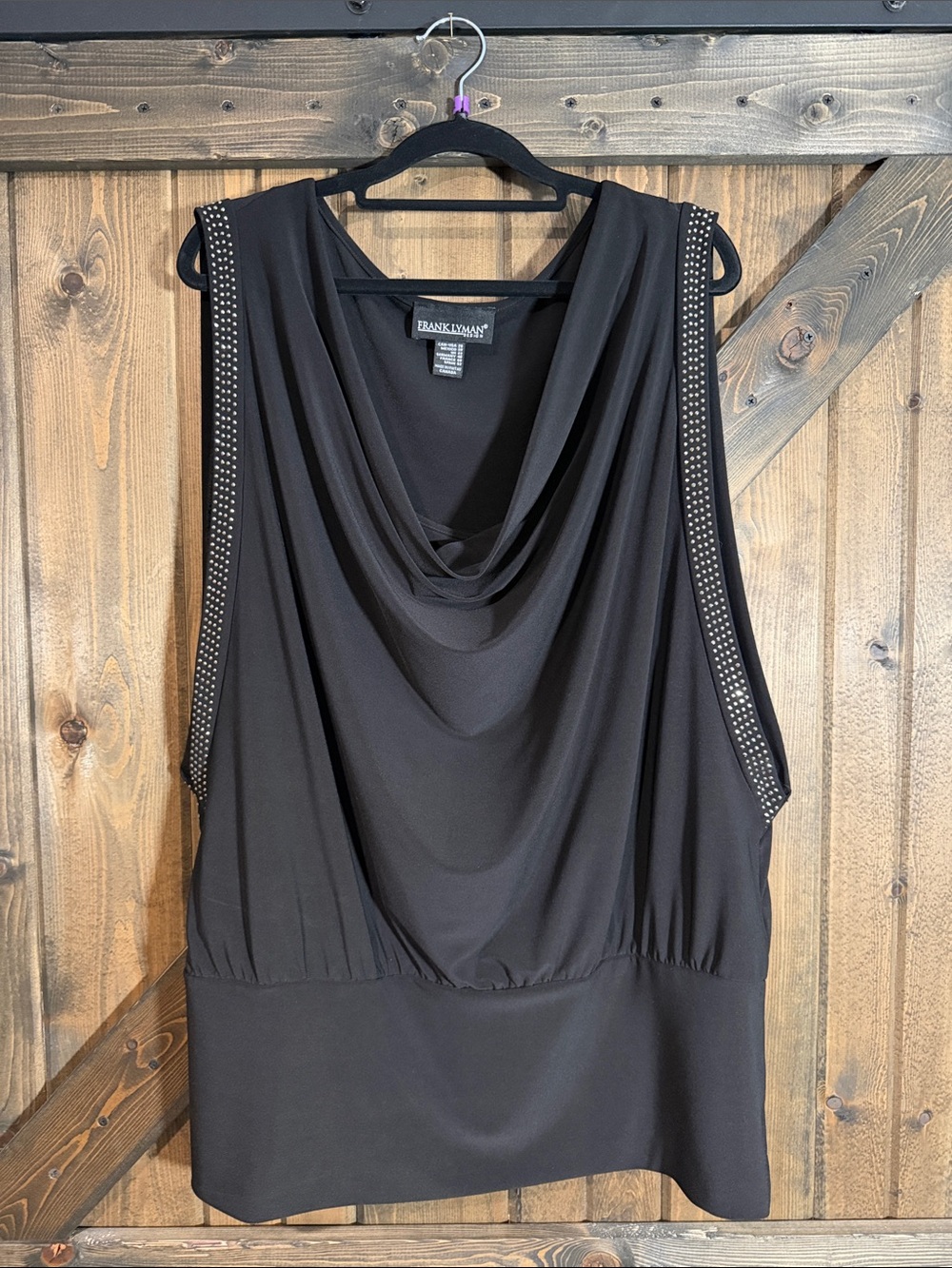 Frank Lyman Design Black Sleeveless Draped Neck Top with Stud Detail